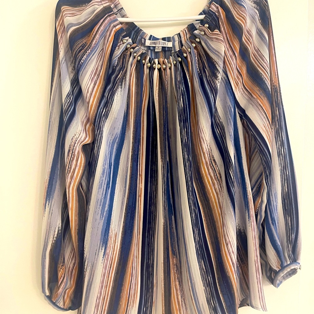 Jennifer Lopez Multi Color Striped Blouse Colors: Blue, White, Bronze Size M